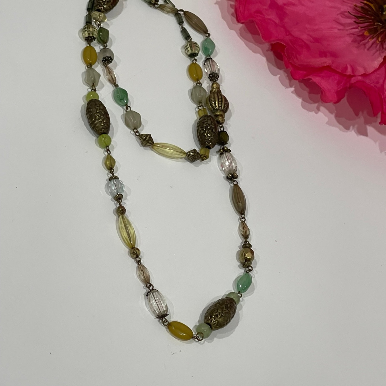 Vintage Long Necklace Faux Yellow Gold Green Stones Beads Multifaceted